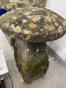 Rural Antiques: Ex-Manor Farm Avebury staddle stone with top. Dia. 25ins. Height 30ins.