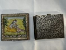 Early 20th cent. White metal tests as 925 silver Mughal style study of two lovers on a lidded box,