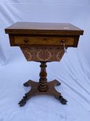 19th cent. Rosewood work/games table, opening swing top reveals draughts board work drawer and