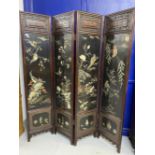 Chinese black lacquer four section room divider/screen, hand decorated panels with inset jadeite and