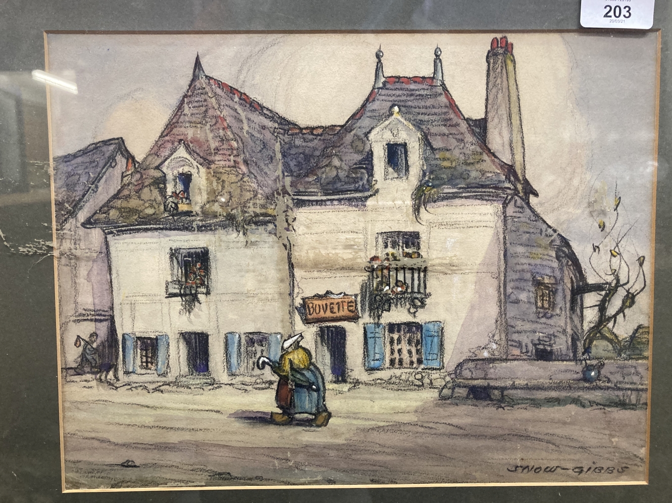 Snow Gibbs (1882-1970): Pastel Continental street scene, signed lower right, framed and glazed. 12½ - Image 2 of 2