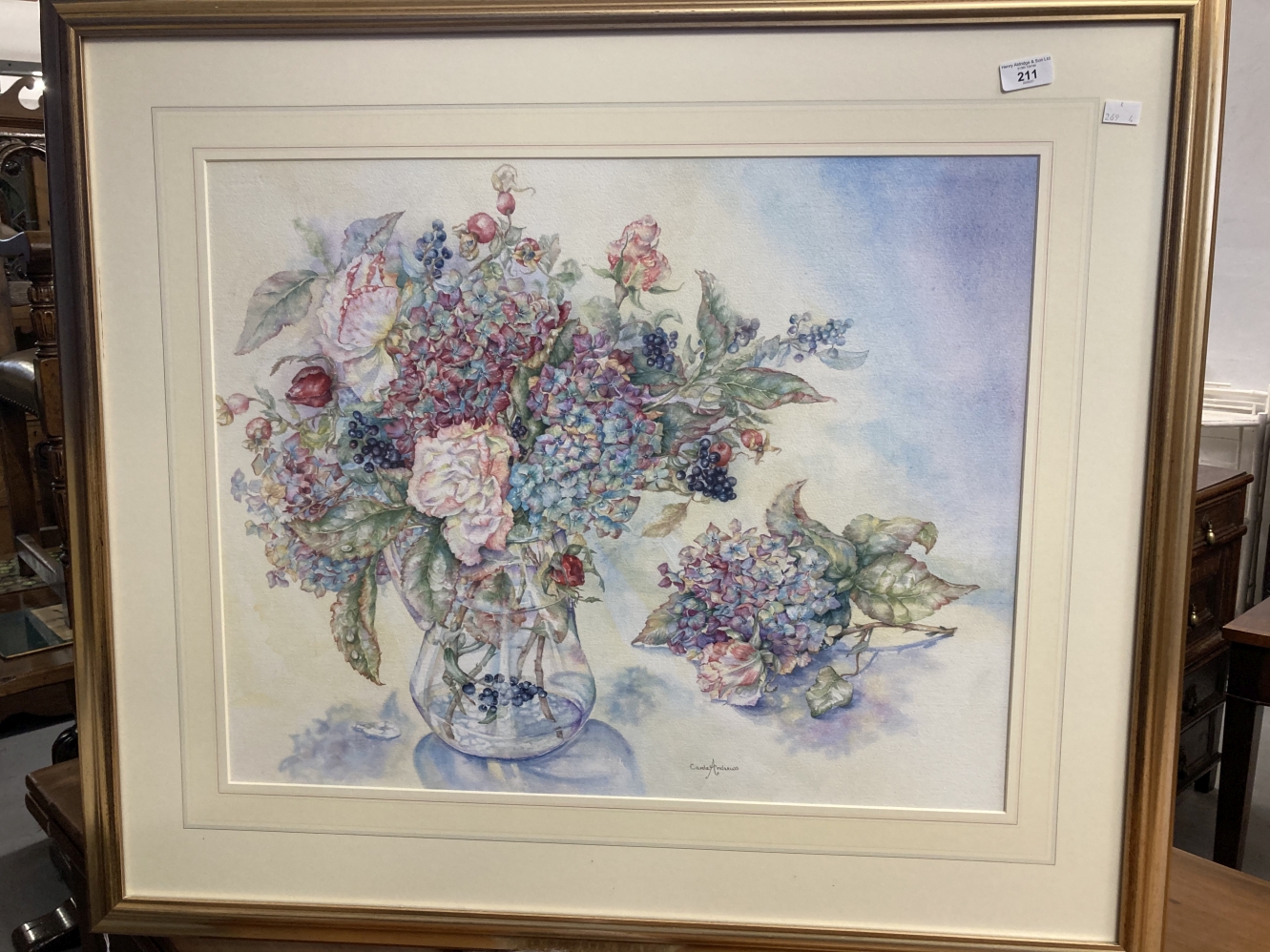 Carole Andrews (1962): Late 20th cent. Watercolour on paper, still life 'Hydrangeas and Roses '. - Image 2 of 4