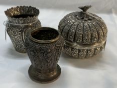 Chinese white metal tests 800 standard, repoussé pot with floral finial 4ins. x 4¼ins. Plus two