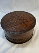 Arts & Craft: Leatho trademark tooled leather circular box and cover, embossed grapes and vine to