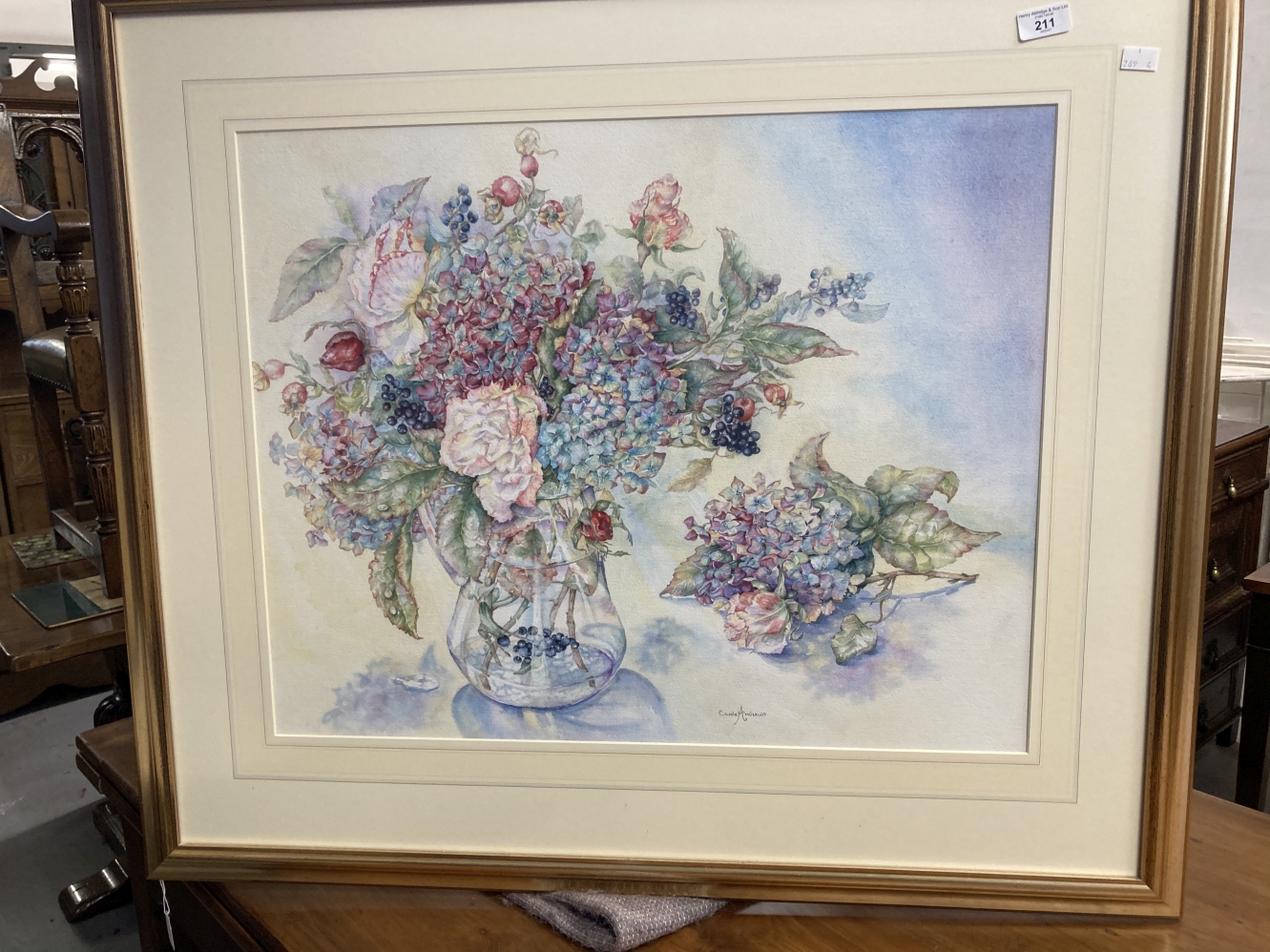Carole Andrews (1962): Late 20th cent. Watercolour on paper, still life 'Hydrangeas and Roses '.
