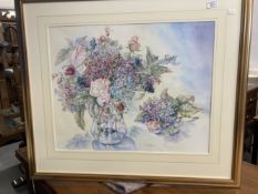 Carole Andrews (1962): Late 20th cent. Watercolour on paper, still life 'Hydrangeas and Roses '.