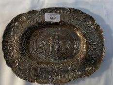 Hallmarked Silver: Continental oval dish with repoussé decoration, London Import mark 1891. 7½oz.