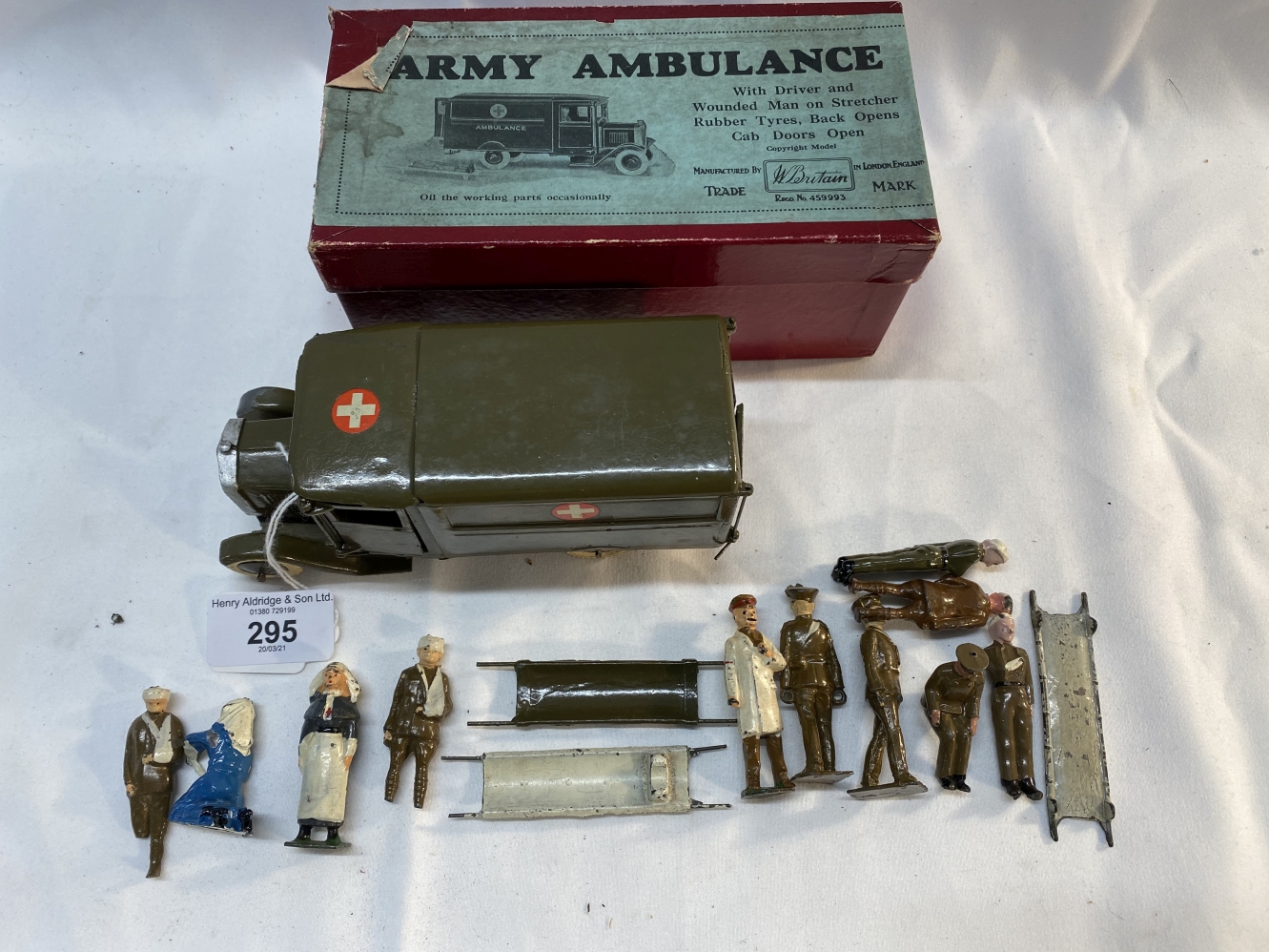 Military Toys: W. Britain R.A.M.C. Motor Ambulance set, with driver, two orderlies, two nurses,