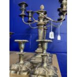20th cent. Plated on copper ware three branch candelabra, unmarked, height 16ins, a pair. Plus two