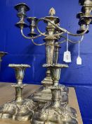 20th cent. Plated on copper ware three branch candelabra, unmarked, height 16ins, a pair. Plus two