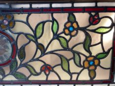 19th cent. Aesthetic stained glass panel floral and leaf decoration central panel bird possibly a