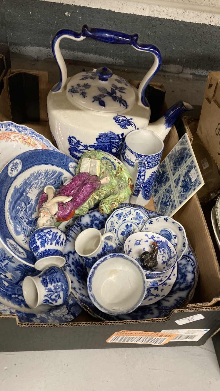 20th cent. Blue & White Ceramics: Teapot approx. 1 gallon height 12ins, J. Kent Dora dish x 2, Woods