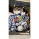 20th cent. Blue & White Ceramics: Teapot approx. 1 gallon height 12ins, J. Kent Dora dish x 2, Woods