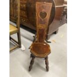 19th cent. Welsh vernacular mahogany spinning chair, inlaid back and octagonal seat embellished with