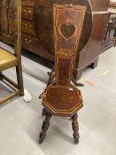 19th cent. Welsh vernacular mahogany spinning chair, inlaid back and octagonal seat embellished with