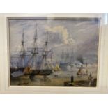 19th cent. English School: Watercolour Royal Naval Warships in Portsmouth Harbour. 9½ins. x 7½ins.