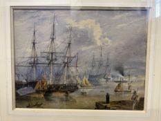 19th cent. English School: Watercolour Royal Naval Warships in Portsmouth Harbour. 9½ins. x 7½ins.