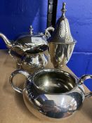 Silver plated tea set pot, milk, sugar and sifter, by James Dixon & Son.