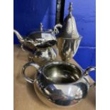 Silver plated tea set pot, milk, sugar and sifter, by James Dixon & Son.