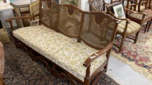 19th cent. European rosewood Bergere three seater settee with spring upholstered seats, scroll and