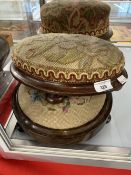 19th cent. Circular footstools, all on mahogany bases, one with tapestry upholstery, one Berlin bead