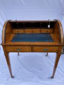 Late 19th cent. Regency Revival satinwood and box tambour topped ladies bureau, the top open to