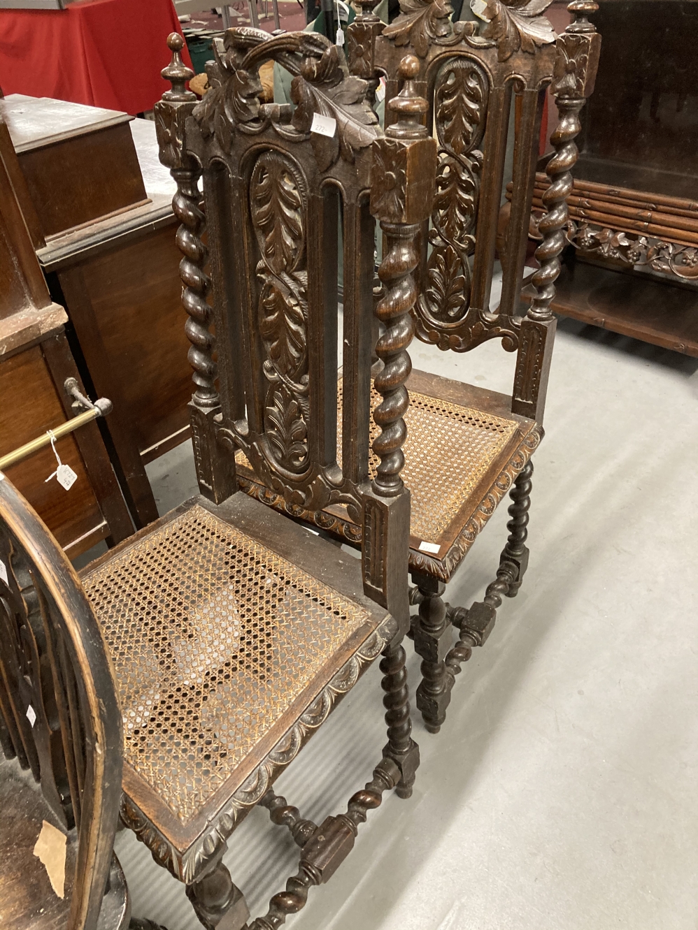 19th cent. Oak Carolean style carved chairs, wicker seats open back, barley twist supports and legs, - Image 2 of 3