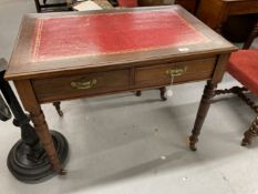 Edward mahogany desk with two drawers beneath red leather skiver, on turned supports. 36ins. x