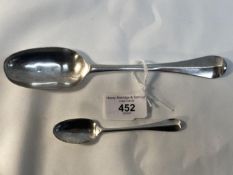 Hallmarked Silver: George II tablespoon rat tail pattern by James Wilks London 1728, and George