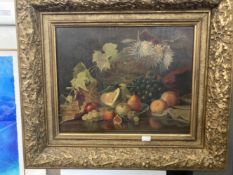 Oilograph on canvas still life of fruit, in a period gilt frame. 15½ins. x 12½ins.