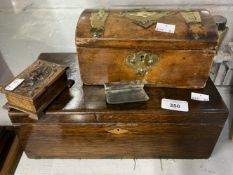 19th cent. Treen oak inlaid writing box, 13ins. x 7ins. x 4½ins. Brass bound tea caddy, carved,