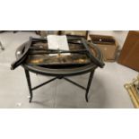 19th cent. Chinoiserie oval Toleware table on faux bamboo stand, plus Toleware tray on stand