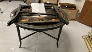 19th cent. Chinoiserie oval Toleware table on faux bamboo stand, plus Toleware tray on stand