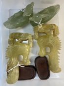 20th cent. Yellow jadeite carved long tailed birds, a pair. Green jadeite carved geese, a pair.