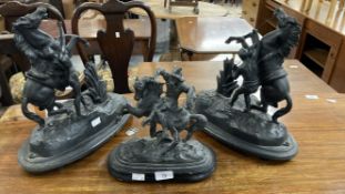 19th cent. Decorative Spelter mantel figures Alexander and Bucephalus, a pair, height 14ins. Plus