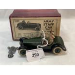 Military Toys: W. Britain, Staff Car military green car with two staff officers, white rubber tyres,