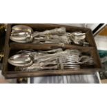20th cent. Treen cutlery tray containing Kings pattern knives, forks, spoons, some sets.