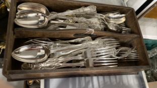 20th cent. Treen cutlery tray containing Kings pattern knives, forks, spoons, some sets.