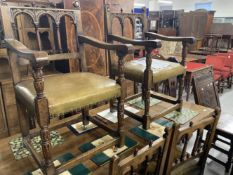 Good quality Gothic style peg jointed dining chairs with green leather upholstered seats. Six plus