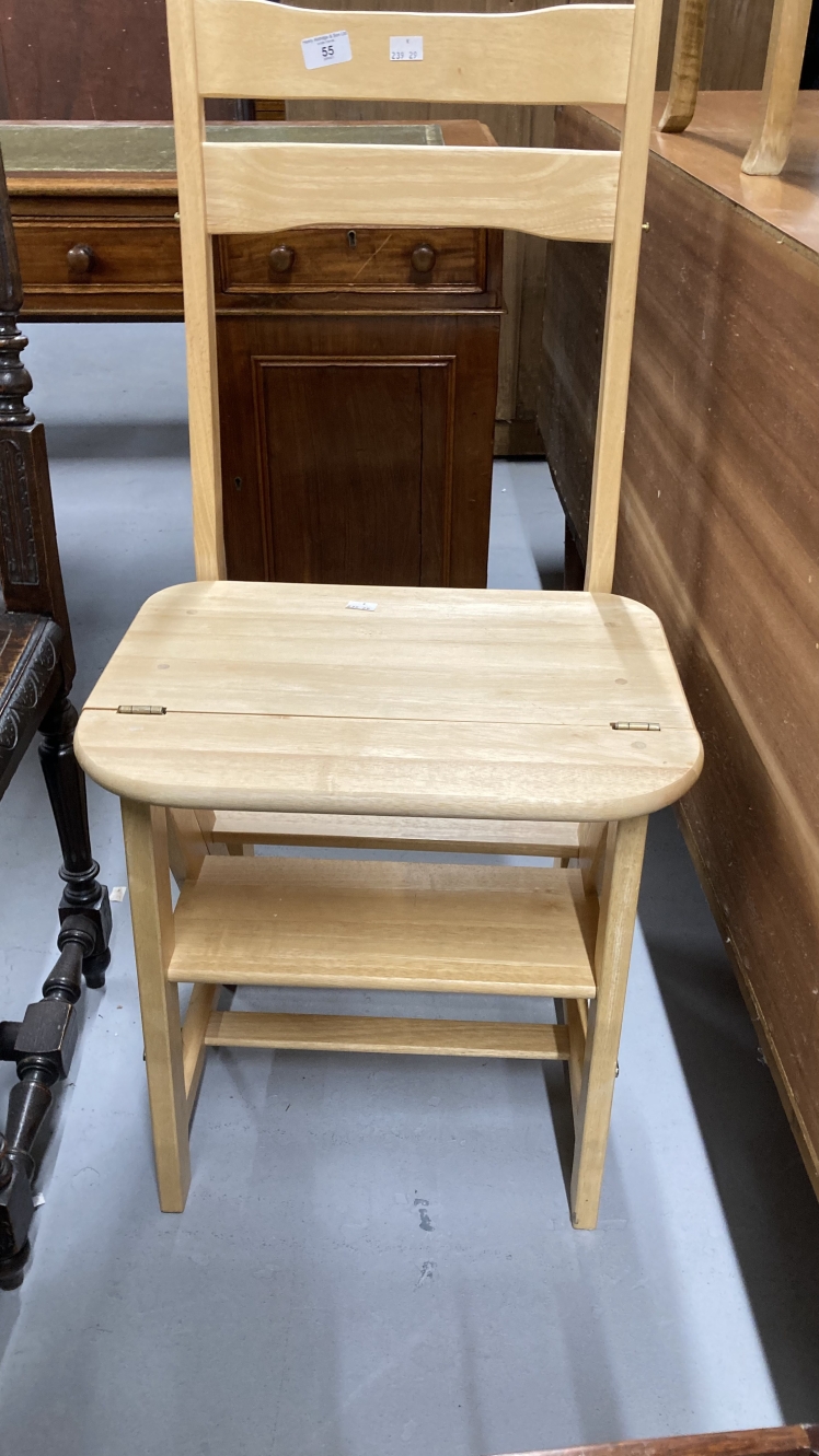 20th cent. Beech metamorphic library chair step, plus mahogany four partition Canterbury. (2) - Image 3 of 3