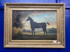 English School: 19th cent. Oil on canvas primitive study of a black stallion in the countryside.