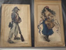 J. G. Orman: 1921 watercolour on paper, two French Revolutionary caricatures, one of a woman, and