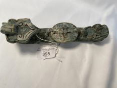 Oriental: 19th cent. Hard stone jadeite belt clip. 7½ins.