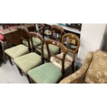 19th cent. Mahogany dining chairs bar back, turned legs with green upholstery, plus one other. (5)