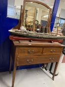 20th cent. Inlaid mahogany dressing table and wardrobe. Plus Victorian low chair.