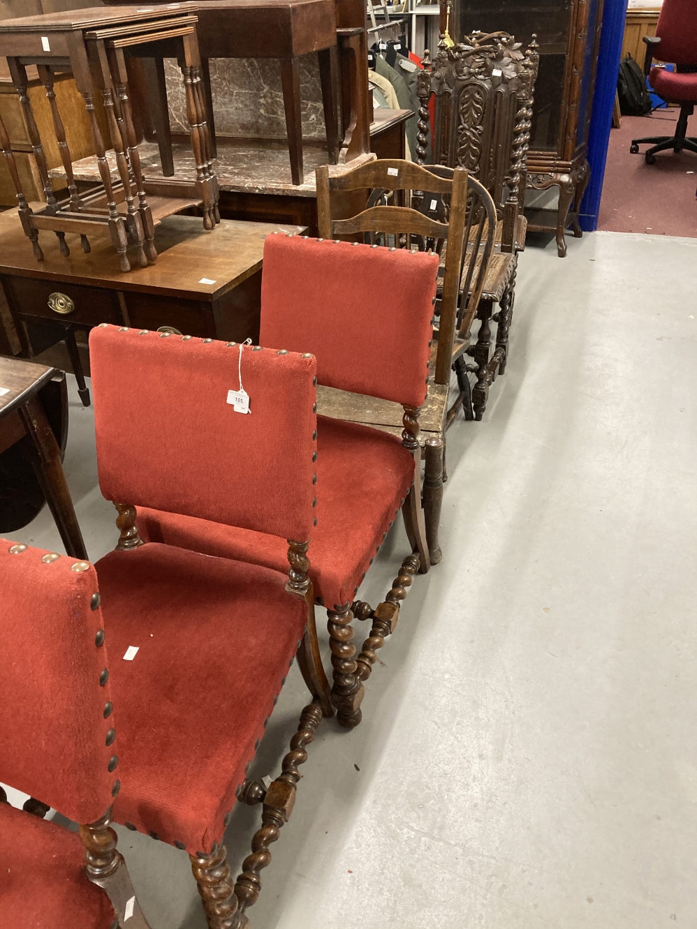 19th cent. Oak Carolean style carved chairs, wicker seats open back, barley twist supports and legs,