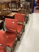 19th cent. Oak Carolean style carved chairs, wicker seats open back, barley twist supports and legs,