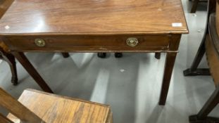 George III mahogany side table, canted supports with single drawer. 39ins. x 19ins.