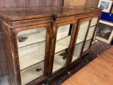 19th cent. Breakfront bird's eye veneer credenza glazed door panels inlaid with herringbone and