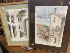 Daphne Boothby (born 1931): 1992 watercolour and pastel on paper 'Perugia' village and seascape.